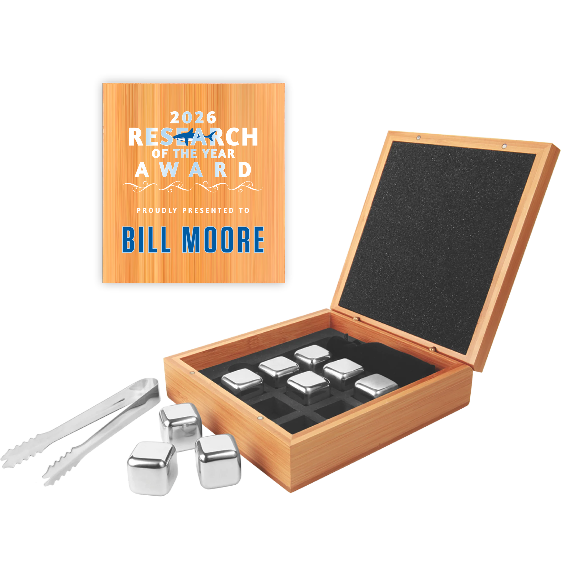6 1/4" x 6 3/4" Stainless Steel Whiskey Stone Set in Bamboo Case