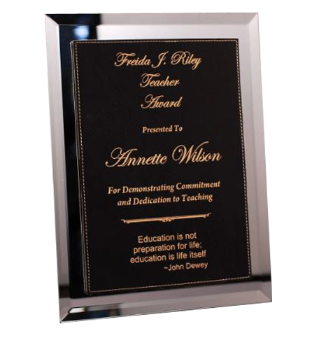 Mirror Plaque with Black and Gold Lasered Leatherette Plate