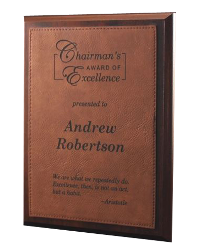 Simulated Walnut Plaque with Dark Brown Lasered Leatherette Plate
