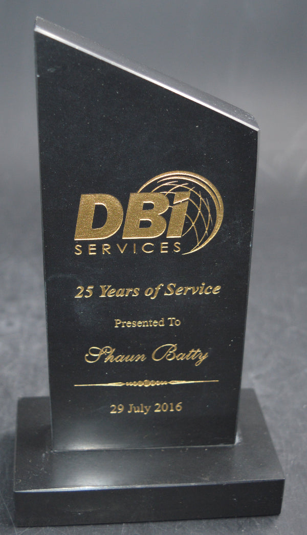 Black and gold award with 'DBI Services' logo on a gray background