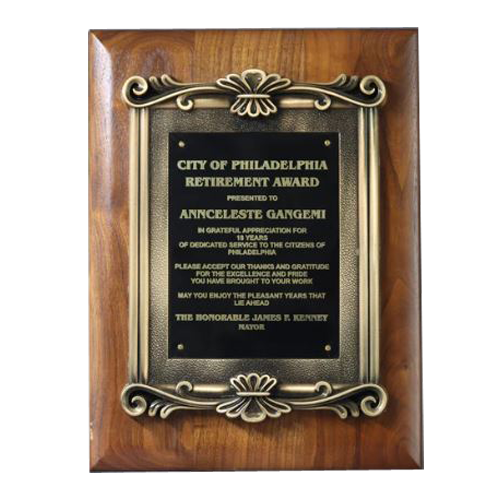 Solid Walnut Plaque with Cast Antique Gold Metal Scroll Frame