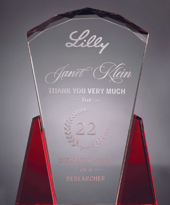 Crystal award with engraved text on a gray background