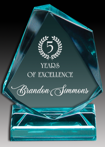 Jade acrylic award with '5 Years of Excellence text on a dark background