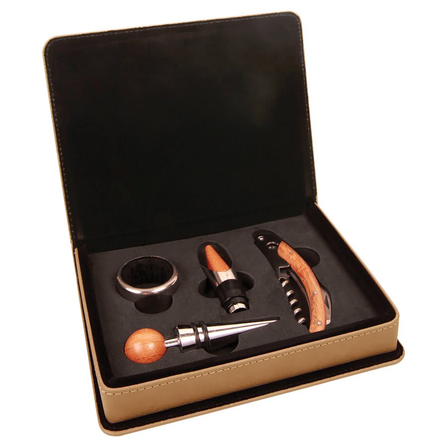 Light Brown Laserable Leatherette 4-Piece Wine Tool Set